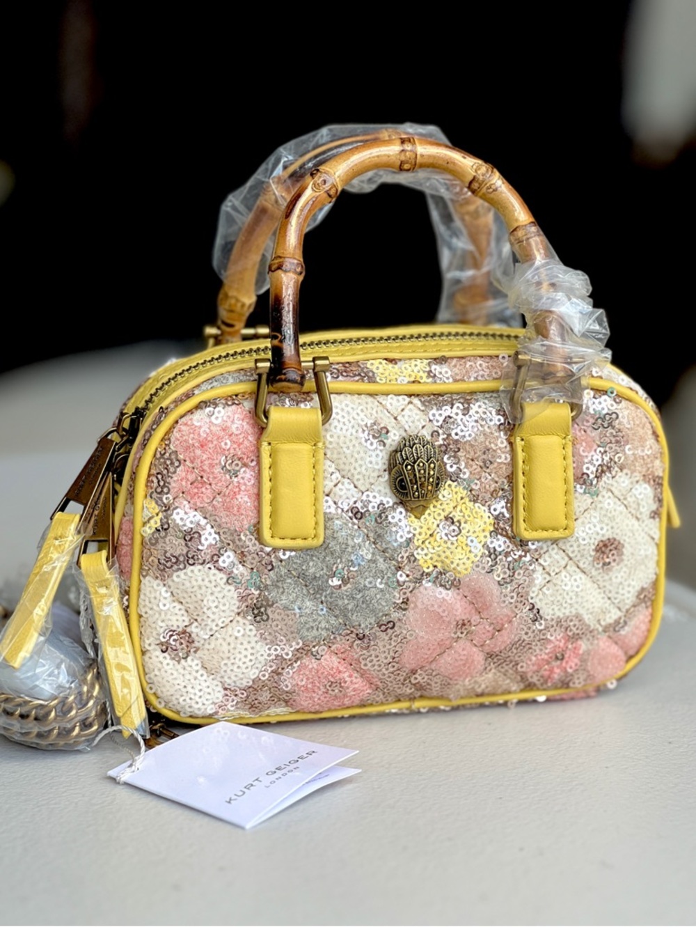 KURT GEIGER Kensington XS Sequined Floral Bamboo Handle Crossbody Duffel Bag NWT